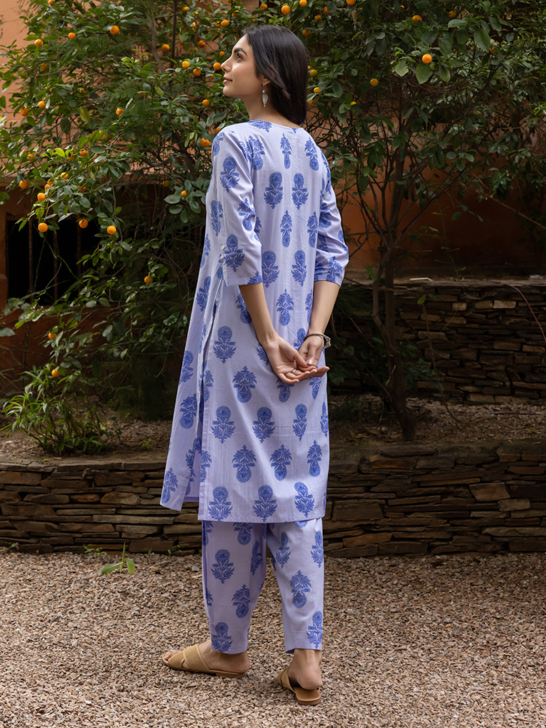 FIORRA Women's Blue Cotton Flared Kurta Set